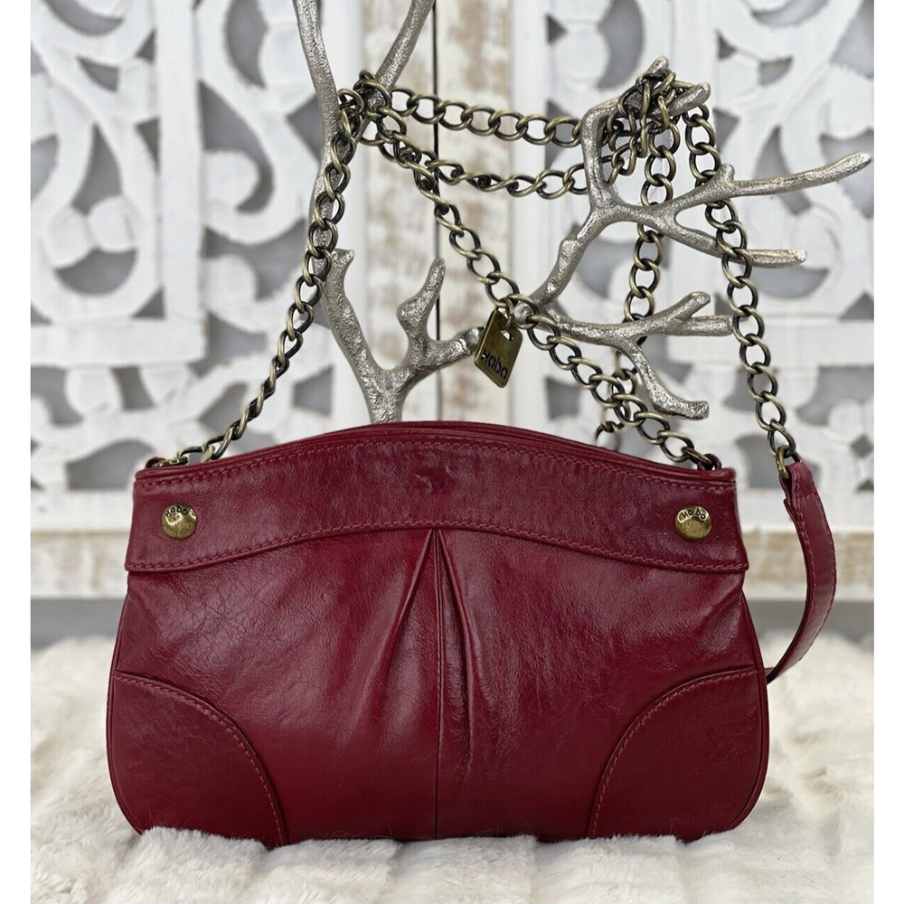 HOBO INTERNATIONAL Red Glazed Leather Small Chain Strap Evening Handbag Purse